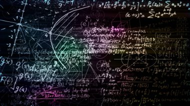 3D render soyut blokları sanal uzayda matematiksel formüller. Kamera bünyesinde matematik formülleri