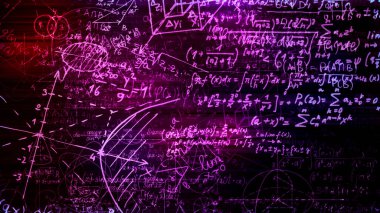 3D render soyut blokları sanal uzayda matematiksel formüller. Kamera bünyesinde matematik formülleri