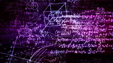 3D render soyut blokları sanal uzayda matematiksel formüller. Kamera bünyesinde matematik formülleri