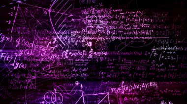 3D render soyut blokları sanal uzayda matematiksel formüller. Kamera bünyesinde matematik formülleri