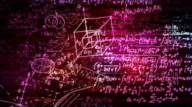 3D render soyut blokları sanal uzayda matematiksel formüller. Kamera bünyesinde matematik formülleri