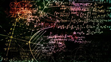 3D render soyut blokları sanal uzayda matematiksel formüller. Kamera bünyesinde matematik formülleri