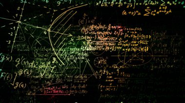 3D render soyut blokları sanal uzayda matematiksel formüller. Kamera bünyesinde matematik formülleri