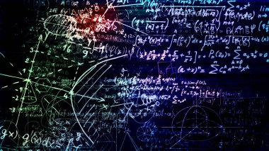 3D render soyut blokları sanal uzayda matematiksel formüller. Kamera bünyesinde matematik formülleri