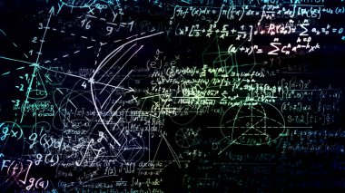 3D render soyut blokları sanal uzayda matematiksel formüller. Kamera bünyesinde matematik formülleri