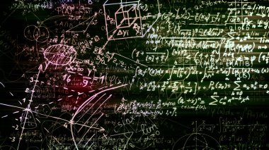 3D render soyut blokları sanal uzayda matematiksel formüller. Kamera bünyesinde matematik formülleri