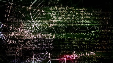 3D render soyut blokları sanal uzayda matematiksel formüller. Kamera bünyesinde matematik formülleri