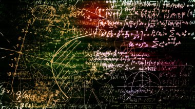 3D render soyut blokları sanal uzayda matematiksel formüller. Kamera bünyesinde matematik formülleri