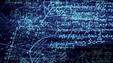 3D render soyut blokları sanal uzayda matematiksel formüller. Kamera bünyesinde matematik formülleri