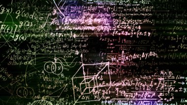 3D render soyut blokları sanal uzayda matematiksel formüller. Kamera bünyesinde matematik formülleri