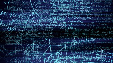3D render soyut blokları sanal uzayda matematiksel formüller. Kamera bünyesinde matematik formülleri