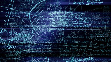 3D render soyut blokları sanal uzayda matematiksel formüller. Kamera bünyesinde matematik formülleri