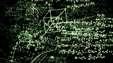 3D render soyut blokları sanal uzayda matematiksel formüller. Kamera bünyesinde matematik formülleri