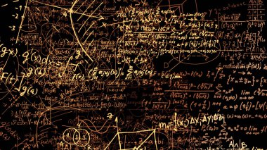 3D render soyut blokları sanal uzayda matematiksel formüller. Kamera bünyesinde matematik formülleri