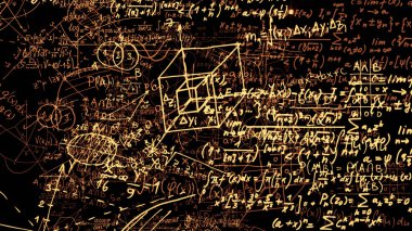 3D render soyut blokları sanal uzayda matematiksel formüller. Kamera bünyesinde matematik formülleri
