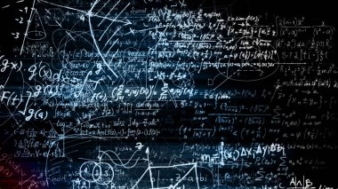 3D render soyut blokları sanal uzayda matematiksel formüller. Kamera bünyesinde matematik formülleri