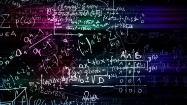 3D render soyut blokları sanal uzayda matematiksel formüller. Kamera bünyesinde matematik formülleri