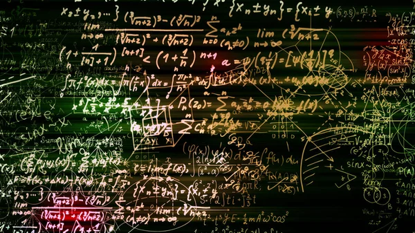3D render soyut blokları sanal uzayda matematiksel formüller. Kamera bünyesinde matematik formülleri