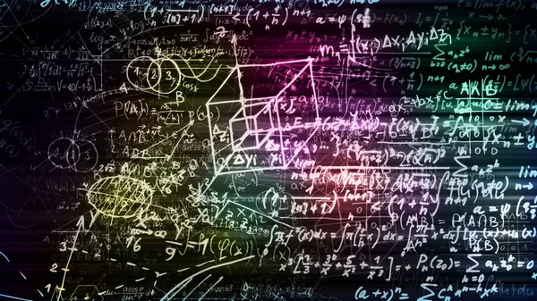 3D render soyut blokları sanal uzayda matematiksel formüller. Kamera bünyesinde matematik formülleri