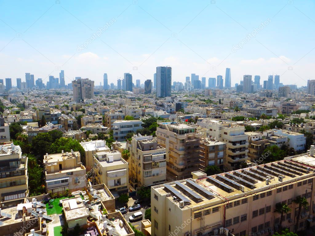 Panorama of the city of Tel Aviv with skyscrapers in new districts of the city and residential areas. Summer of 2018