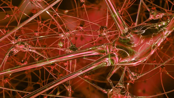 3D rendering of artificial intelligence. Networks of artificial nerve cells and synapses in the brain of a robot through which electrical impulses and discharges pass. Synaptic network of neurons of the artificial intelligence of the future in the pr