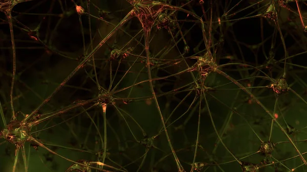 3D rendering of artificial intelligence. Networks of artificial nerve cells and synapses in the brain of a robot through which electrical impulses and discharges pass. Synaptic network of neurons of the artificial intelligence of the future in the pr