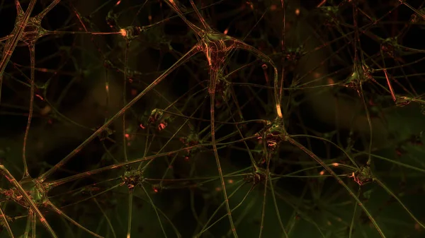 3D rendering of artificial intelligence. Networks of artificial nerve cells and synapses in the brain of a robot through which electrical impulses and discharges pass. Synaptic network of neurons of the artificial intelligence of the future in the pr