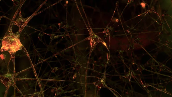 3D rendering of artificial intelligence. Networks of artificial nerve cells and synapses in the brain of a robot through which electrical impulses and discharges pass. Synaptic network of neurons of the artificial intelligence of the future in the pr