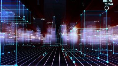 3D render soyut teknolojik dijital şehir siber veri, bilgi alan bilgi depolama