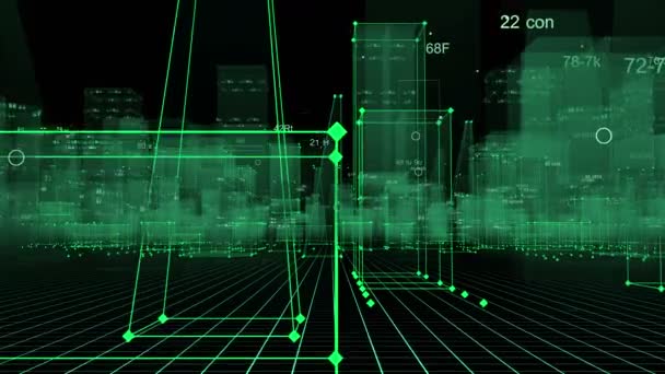 Teknisk Digital Bakgrund Bestående Futuristisk Stad Med Data Loopas — Stockvideo