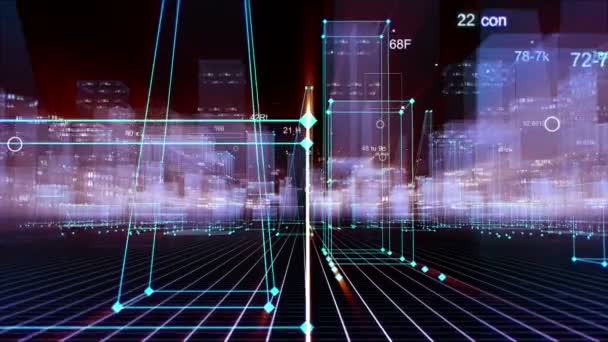 Fond numérique technologique composé d'une ville futuriste avec des données. bouclée 