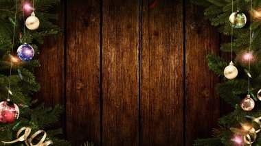 Noel çerçeve şenlikli bir eski rustik ahşap masa üzerinde 3D render malzeme için şaşırtıcı ve sihirli bir atmosfer yaratmak yardımcı olacaktır