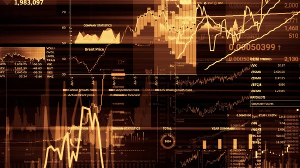 3D rendering of stock indexes in virtual space. Economic growth, recession. Electronic virtual platform showing trends and stock market fluctuations