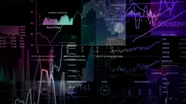 3D rendering of stock indexes in virtual space. Economic growth, recession. Electronic virtual platform showing trends and stock market fluctuations