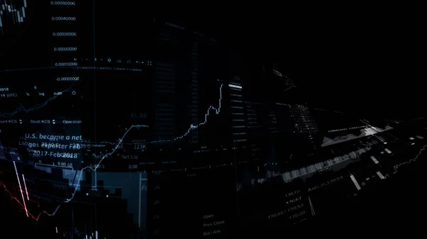 3D rendering of stock indexes in virtual space. Economic growth, recession. Electronic virtual platform showing trends and stock market fluctuations