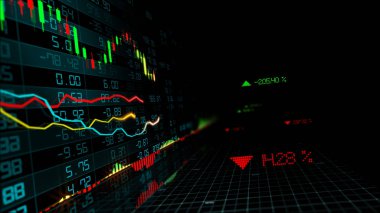 3D render sanal alanda hisse senedi dizinleri. Ekonomik büyüme, durgunluk. Elektronik sanal platformu eğilimleri ve hisse senedi piyasa dalgalanmaları gösterilen