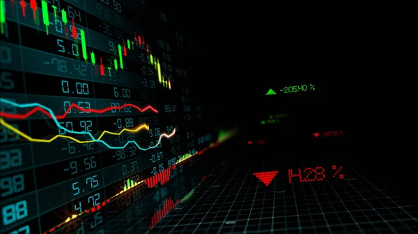 3D render sanal alanda hisse senedi dizinleri. Ekonomik büyüme, durgunluk. Elektronik sanal platformu eğilimleri ve hisse senedi piyasa dalgalanmaları gösterilen