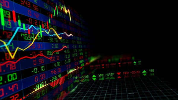 在虚拟空间中对股票指数进行3D 经济增长 显示趋势和股市波动的电子虚拟平台 — 图库照片