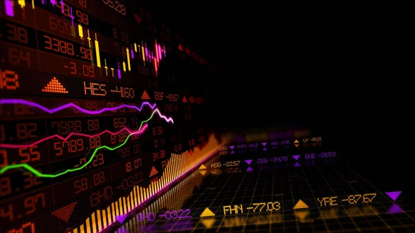 3D rendering of stock indexes in virtual space. Economic growth, recession. Electronic virtual platform showing trends and stock market fluctuations