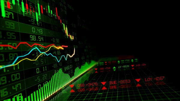 3D rendering of stock indexes in virtual space. Economic growth, recession. Electronic virtual platform showing trends and stock market fluctuations