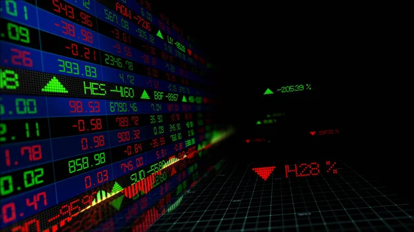 3D render sanal alanda hisse senedi dizinleri. Ekonomik büyüme, durgunluk. Elektronik sanal platformu eğilimleri ve hisse senedi piyasa dalgalanmaları gösterilen