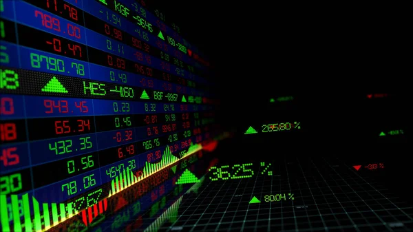 3D rendering of stock indexes in virtual space. Economic growth, recession. Electronic virtual platform showing trends and stock market fluctuations