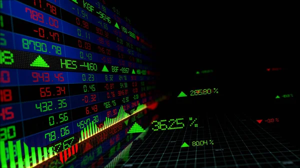 3D render sanal alanda hisse senedi dizinleri. Ekonomik büyüme, durgunluk. Elektronik sanal platformu eğilimleri ve hisse senedi piyasa dalgalanmaları gösterilen