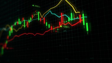 3D render sanal alanda hisse senedi dizinleri. Ekonomik büyüme, durgunluk. Elektronik sanal platformu eğilimleri ve hisse senedi piyasa dalgalanmaları gösterilen