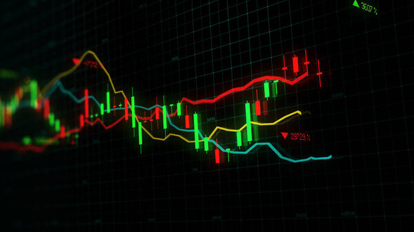 3D rendering of stock indexes in virtual space. Economic growth, recession. Electronic virtual platform showing trends and stock market fluctuations