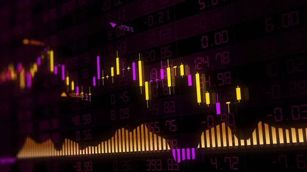 3D rendering of stock indexes in virtual space. Economic growth, recession. Electronic virtual platform showing trends and stock market fluctuations