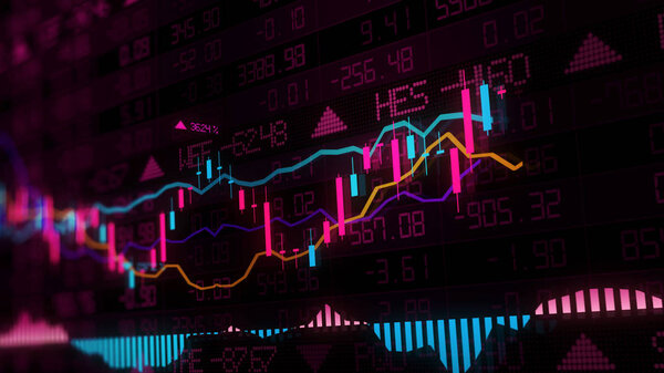 3D рендеринг фондовых индексов в виртуальном пространстве. Экономический рост, рецессия. Электронная виртуальная платформа, показывающая тенденции и колебания фондового рынка
