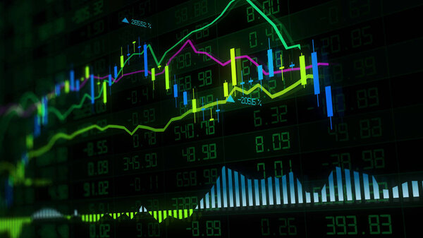 3D rendering of stock indexes in virtual space. Economic growth, recession. Electronic virtual platform showing trends and stock market fluctuations