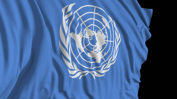 Representación 3d de una bandera de la ONU. La bandera se desarrolla suavemente en el viento —  Fotos de Stock