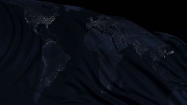 Gece Dünya gezegeninin dokusunu bayrakla işaretleyin. Bayrak rüzgarda sorunsuz gelişir. Rüzgar dalgaları bayrağın üzerine yayıldı. Bayrağın düzgün hareket halindeki bu sürümü hemen hemen her video için uygundur